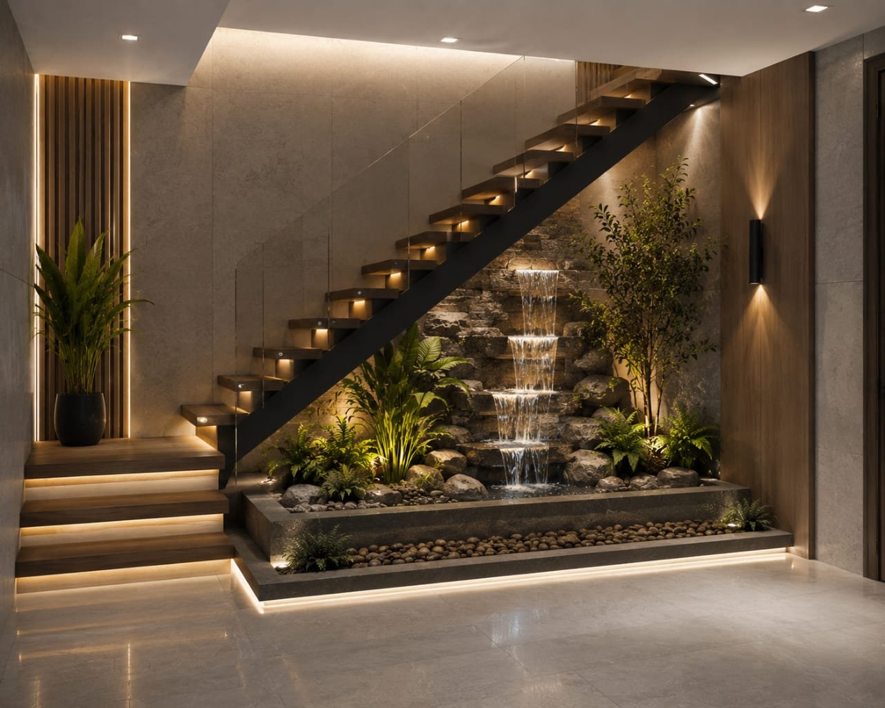 Under-staircase stepped waterfall feature with ambient lighting