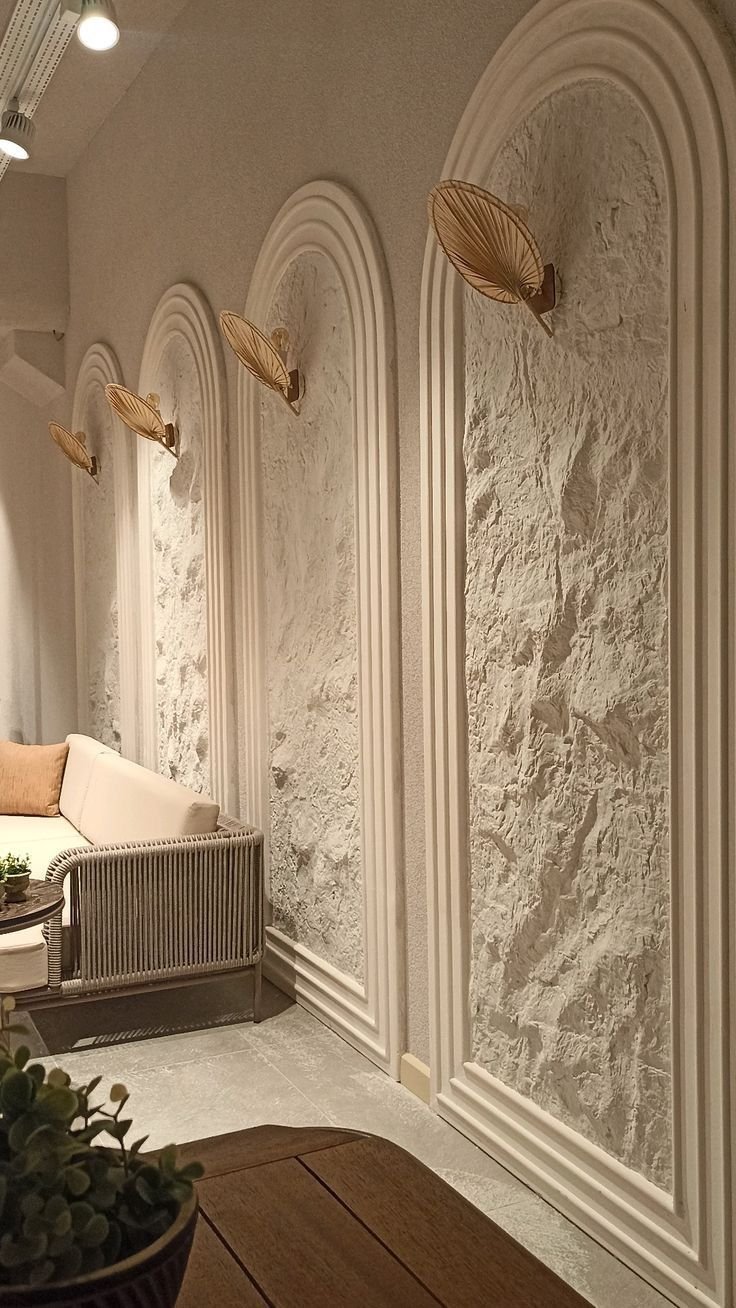 Architectural interior arched wall cladding with EPS mouldings, cornices and decorative plasterwork