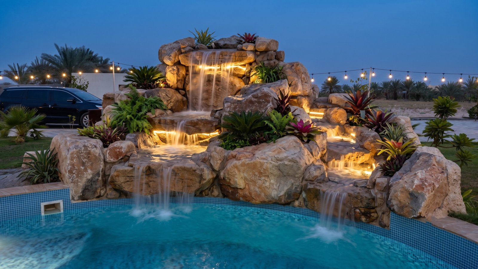 Illuminated bespoke rock waterfall and luxury pool at dusk