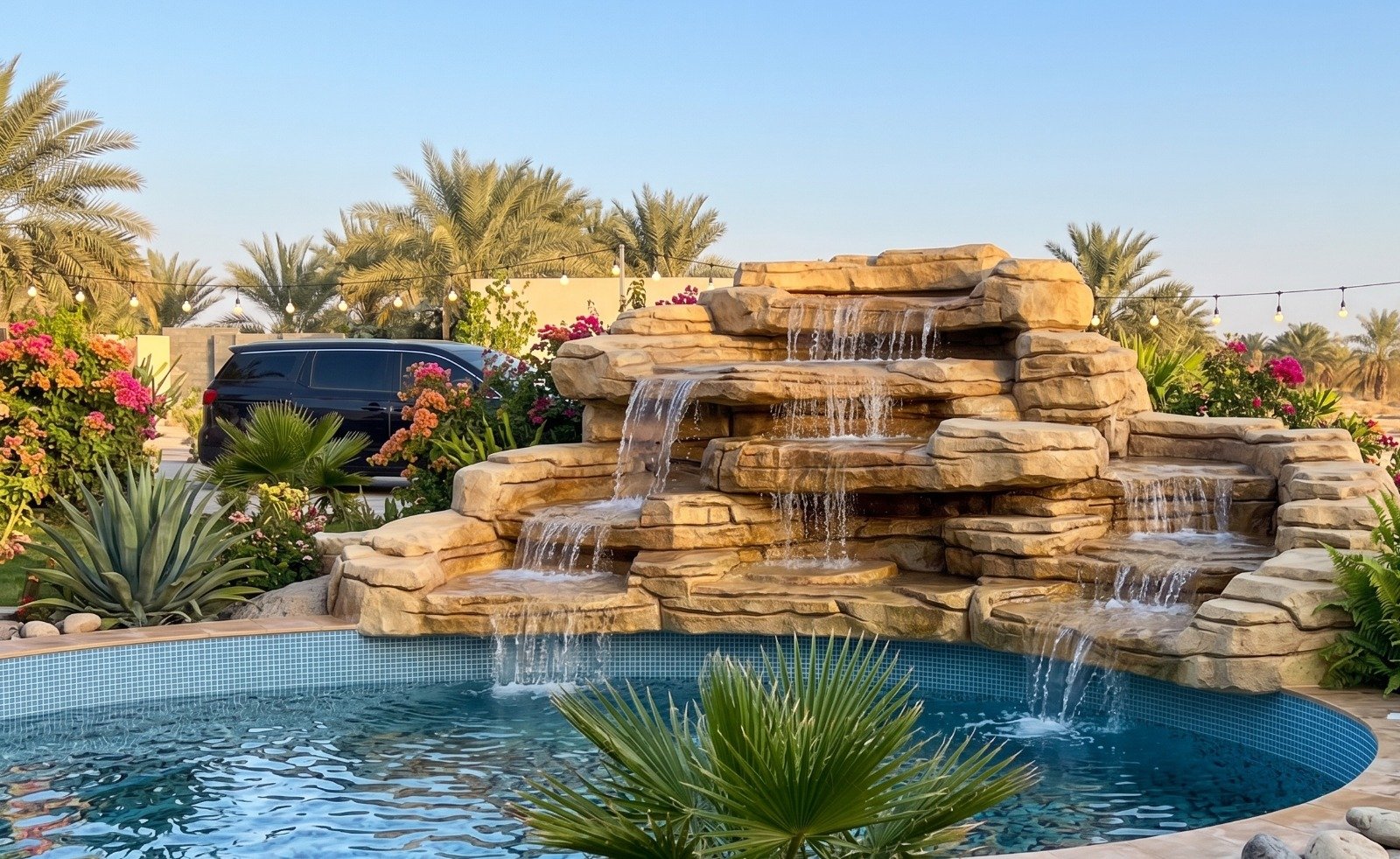 Architectural rock waterfall and luxury estate swimming pool